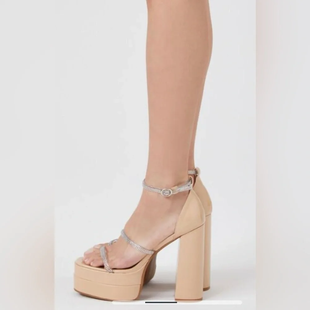Forever 21 Rhinestone Stacked Ultra High Block‎ Heels Sz 6.5 Square Toe Cream